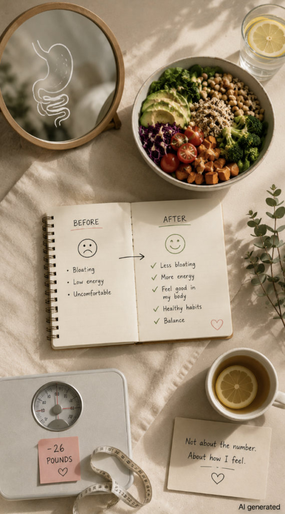 Gut health journey showing less bloating, healthier habits, balanced meals, and a gradual 26-pound weight loss focused on feeling better rather than the number on the scale.