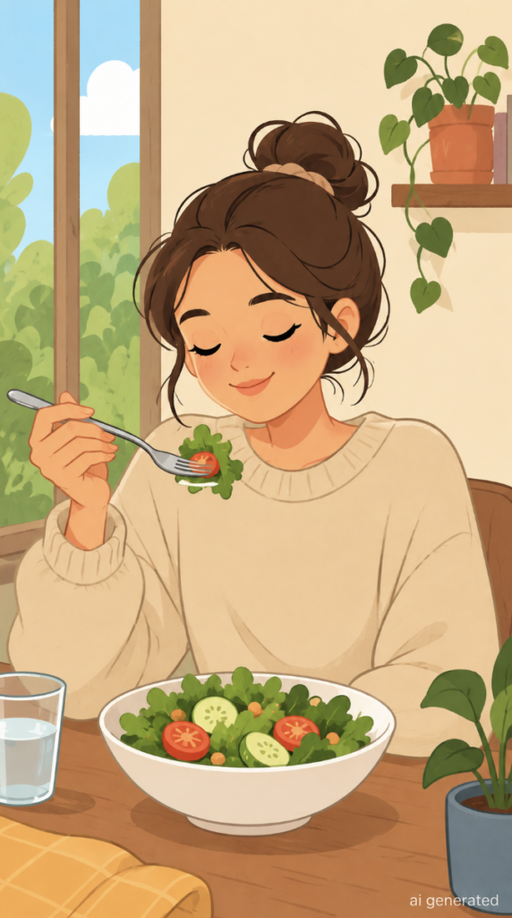 A warm cartoon-style illustration of a woman slowly enjoying a fresh salad at a table, representing mindful eating and healthy digestion.