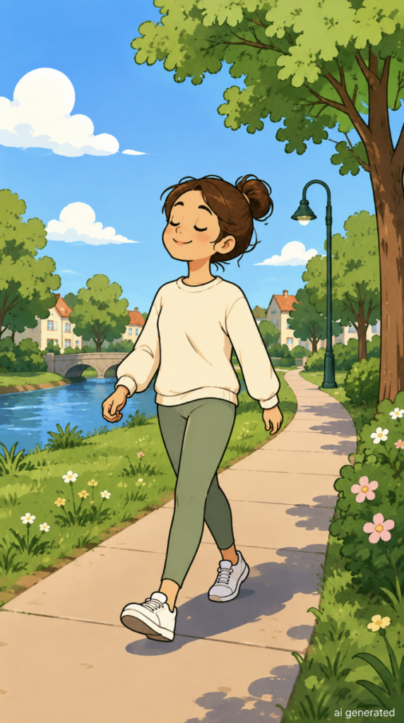A warm cartoon-style illustration of a woman taking a relaxing walk along a sunny riverside path after a meal, surrounded by trees, flowers, and nature.