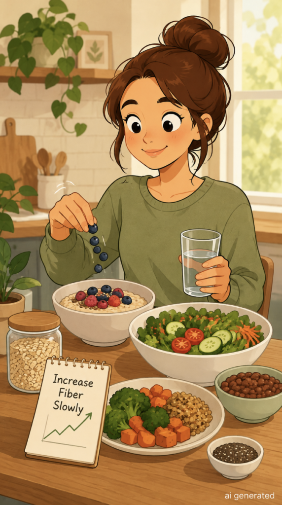 A warm cartoon-style illustration of a woman gradually adding fiber-rich foods to her diet, including oats, berries, vegetables, beans, seeds, and salad, while drinking water to support healthy digestion.