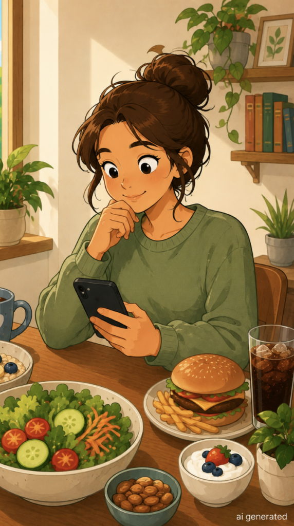 A warm cartoon-style illustration of a woman tracking her meals on her phone while sitting at a table with oatmeal, salad, yogurt, nuts, a burger, fries, and a carbonated drink to identify possible bloating triggers.