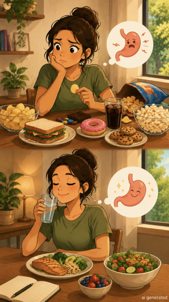 A warm cartoon-style illustration showing the difference between constant snacking and giving your stomach a natural break, with a woman surrounded by snacks before enjoying water and a balanced meal later.