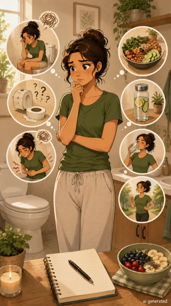A warm cartoon-style illustration of a woman dealing with unpredictable bathroom habits and digestive discomfort, while considering healthier choices like fiber-rich foods, drinking more water, and regular movement.
