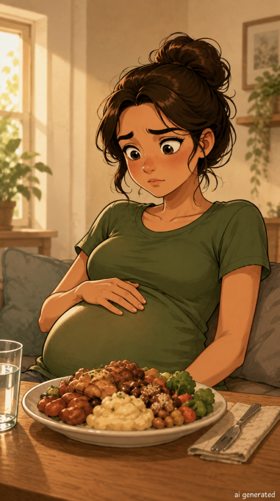 A warm cartoon-style illustration of a woman feeling overly full and heavy after a large meal, holding her bloated stomach while sitting at the dining table.