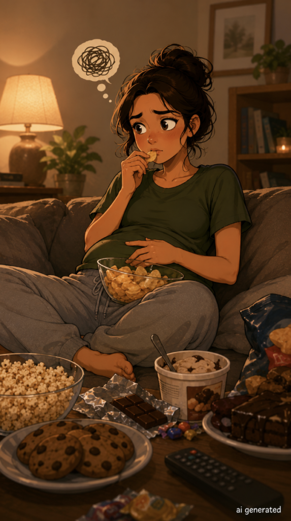 A warm cartoon-style illustration of a woman mindlessly snacking on chips while watching TV, surrounded by cookies, popcorn, chocolate, ice cream and other snacks despite not being physically hungry.