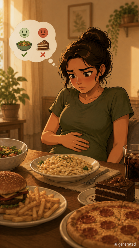 A warm cartoon-style illustration of a woman experiencing stomach discomfort after eating, surrounded by different foods while noticing that certain meals may trigger bloating and digestive problems.