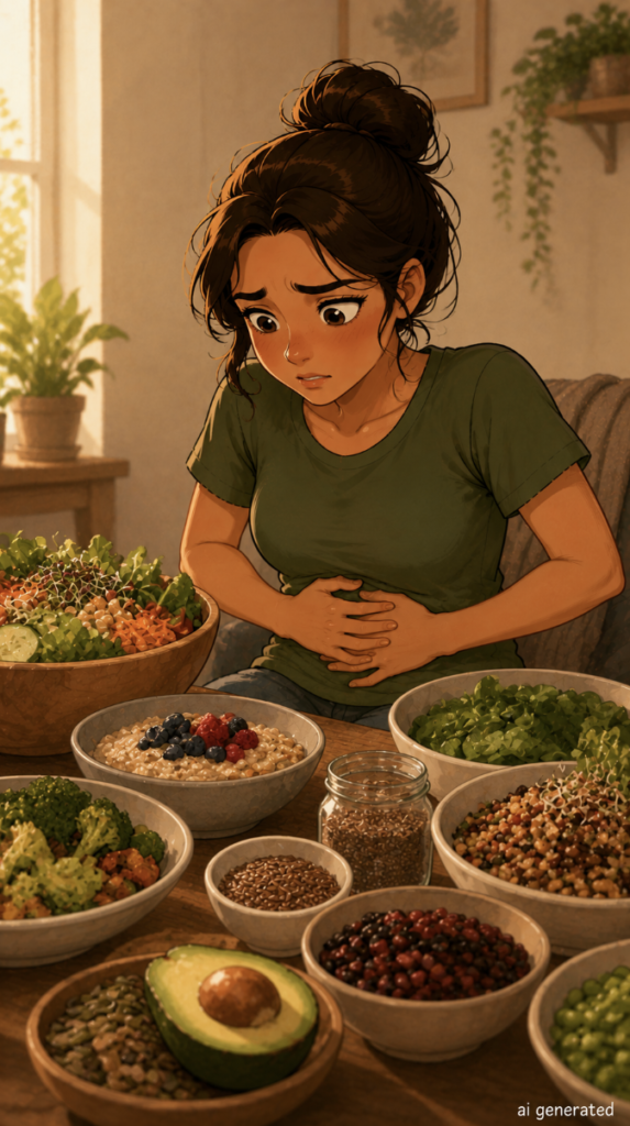 A warm cartoon-style illustration of a woman experiencing stomach discomfort and bloating after suddenly eating large amounts of high-fiber foods, including salads, oats, beans, seeds, vegetables, and avocado.