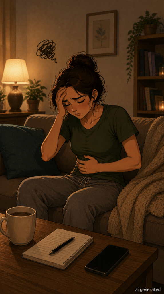 A warm cartoon-style illustration of a stressed woman holding her stomach while sitting on the couch, showing how emotional stress can contribute to digestive discomfort and stomach problems.