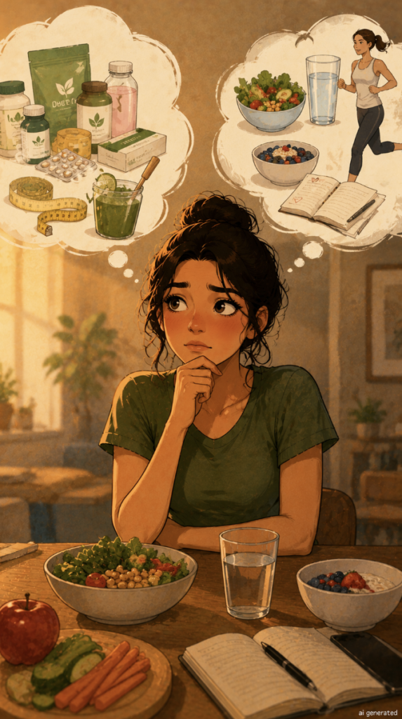 A warm cartoon-style illustration of a woman choosing between quick-fix supplements and sustainable healthy habits such as balanced meals, hydration, regular movement and mindful eating.