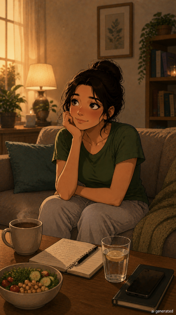 A warm cartoon-style illustration of a woman reflecting on her health journey, surrounded by simple healthy habits like balanced meals, hydration and journaling as she begins to feel more like herself again.