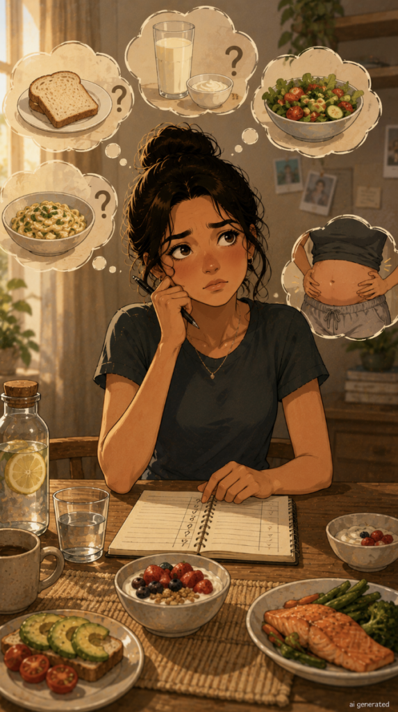 A warm cartoon-style illustration of a woman carefully tracking different foods while trying to identify what might be causing her bloating and digestive discomfort after meals.