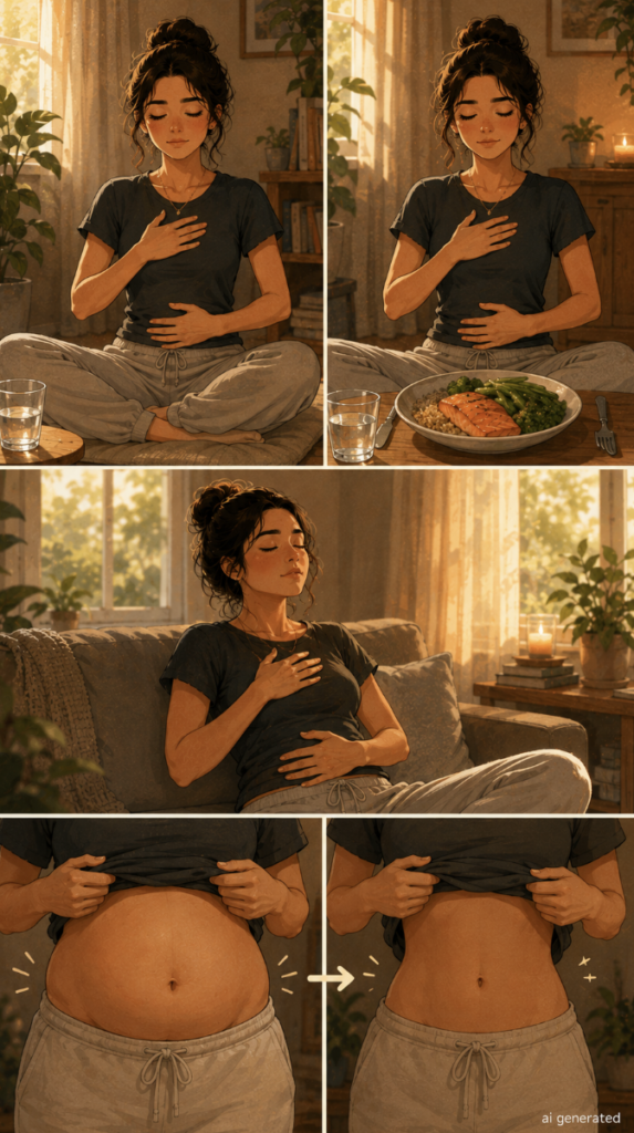 A warm cartoon-style illustration of a woman practicing slow diaphragmatic breathing before and after a meal, showing a transition from uncomfortable stomach bloating to a more relaxed and comfortable abdomen.