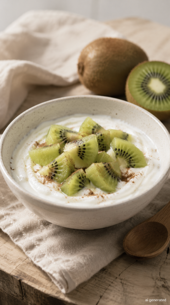 Ultra-realistic photo of a bowl of plain yogurt topped with fresh sliced kiwi and a light sprinkle of cinnamon, served on a rustic wooden table as a simple gut-friendly evening snack.