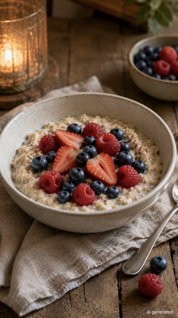 Ultra-realistic photo of a small bowl of creamy oatmeal topped with fresh strawberries, blueberries and raspberries, served as a simple and comforting gut-friendly evening snack.