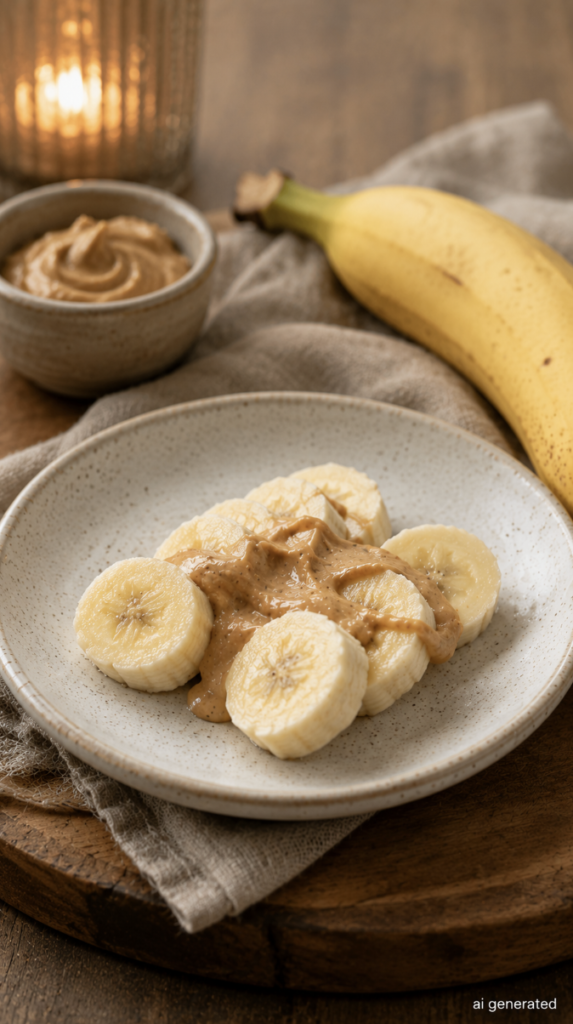 Ultra-realistic photo of sliced banana topped with a small amount of creamy peanut butter, served on a ceramic plate as a simple and satisfying gut-friendly evening snack.