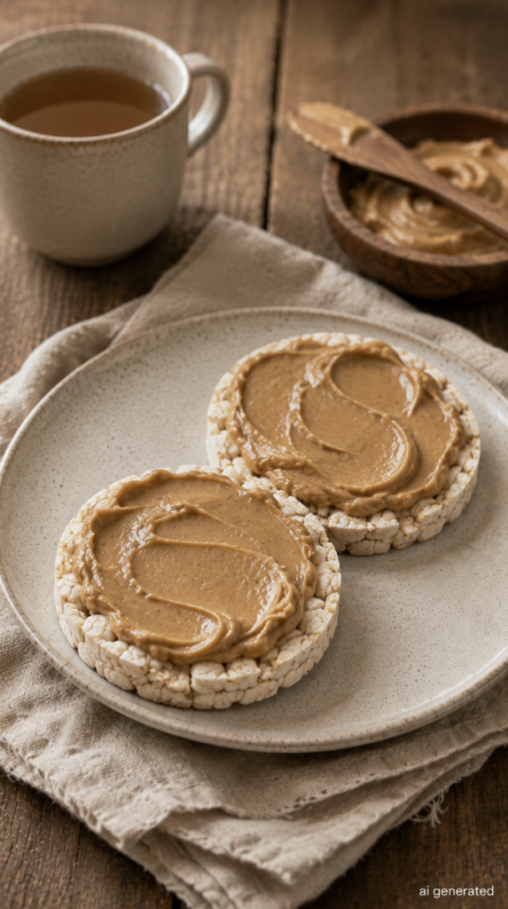 Ultra-realistic photo of two plain rice cakes topped with a thin layer of creamy peanut butter, served on a ceramic plate with a warm cup of tea as a simple gut-friendly evening snack.