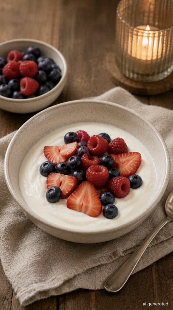 Ultra-realistic photo of a small bowl of plain lactose-free yogurt topped with fresh strawberries, blueberries and raspberries, served as a simple gut-friendly evening snack.