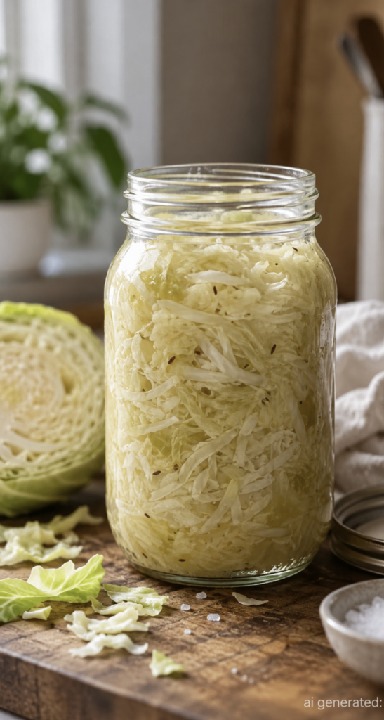 Homemade sauerkraut fermenting in a glass mason jar with fresh green cabbage and sea salt on a wooden kitchen counter.