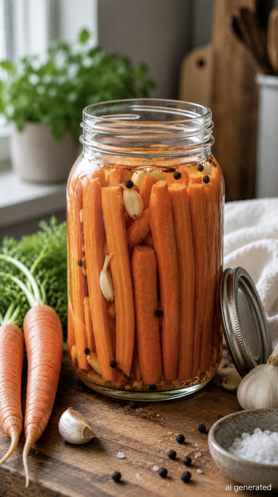 Homemade fermented carrots in a glass jar with garlic and peppercorns, submerged in a saltwater brine.