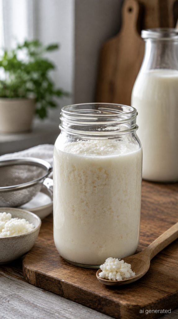 Homemade milk kefir fermenting in a glass jar with kefir grains in a bright kitchen, a probiotic fermented drink for gut health.