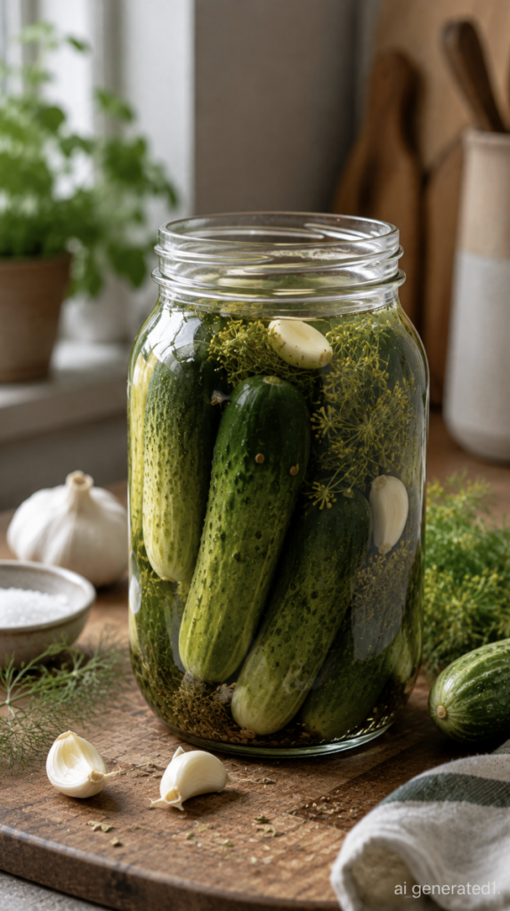 Homemade fermented pickles in a glass jar with fresh cucumbers, dill, garlic, and salt brine on a wooden kitchen counter.