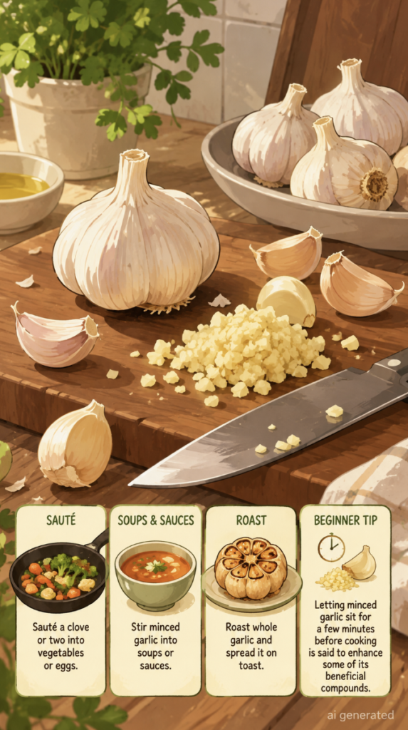 Illustrated garlic cloves and minced garlic on a wooden cutting board with simple ideas for adding garlic to everyday meals.