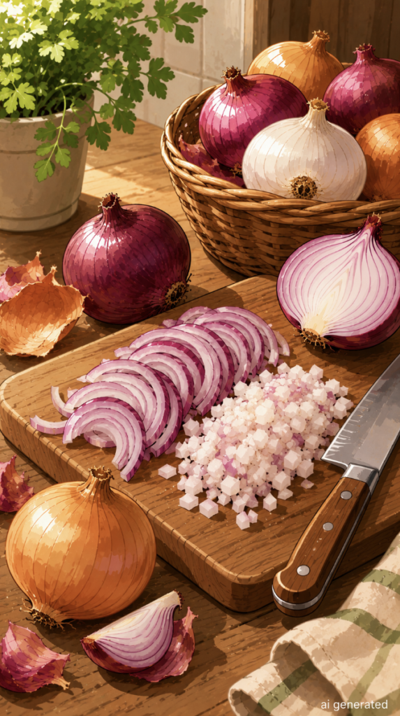 Illustration of red and yellow onions being sliced on a wooden cutting board in a warm, sunlit kitchen, highlighting onions as a gut-friendly prebiotic food.