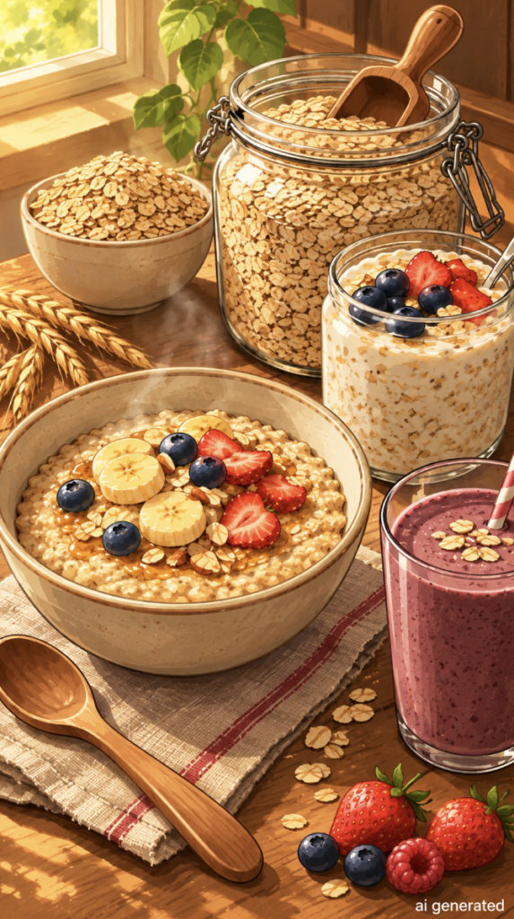 Gut-friendly oatmeal breakfast with oats, banana, berries, overnight oats and a berry smoothie in a warm, sunlit kitchen illustration.