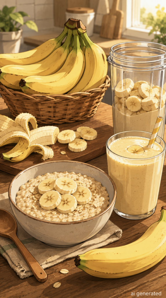 Gut-friendly banana breakfast with oatmeal, sliced bananas and a banana smoothie in a warm, sunlit kitchen illustration.