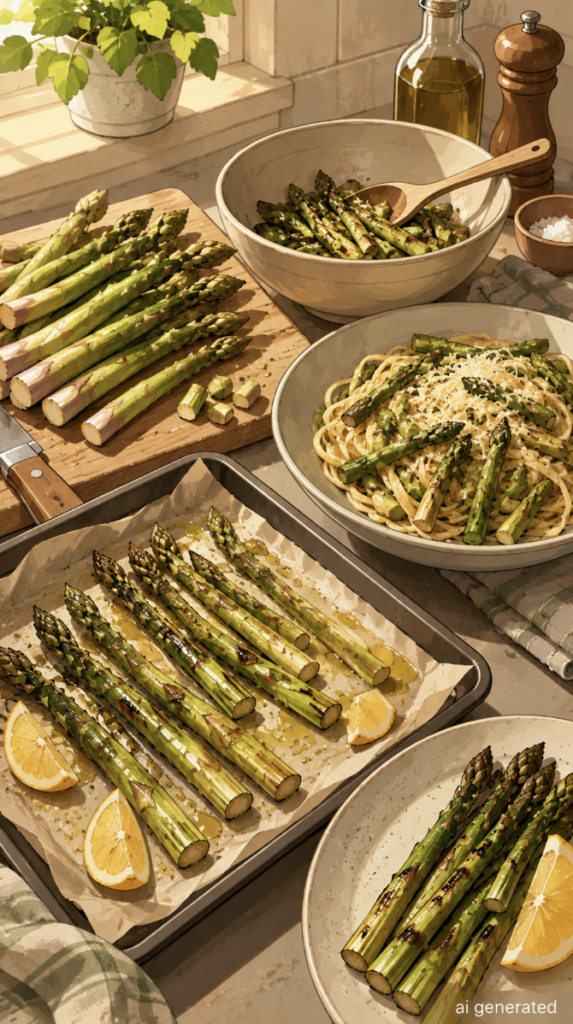 Gut-friendly asparagus prepared three ways: roasted, grilled and served with pasta, alongside fresh asparagus in a warm, sunlit kitchen illustration.