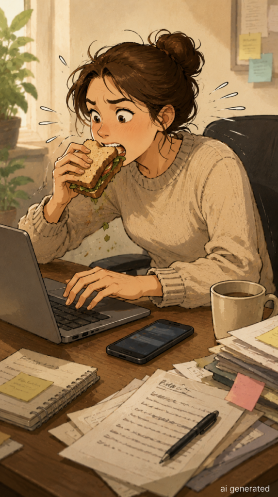 `Illustration of a woman eating too quickly while working at her laptop`
