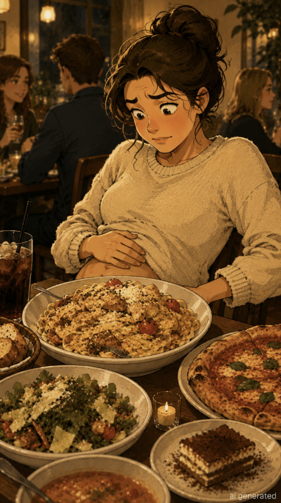 Woman feeling bloated and overly full after eating a very large meal at a restaurant