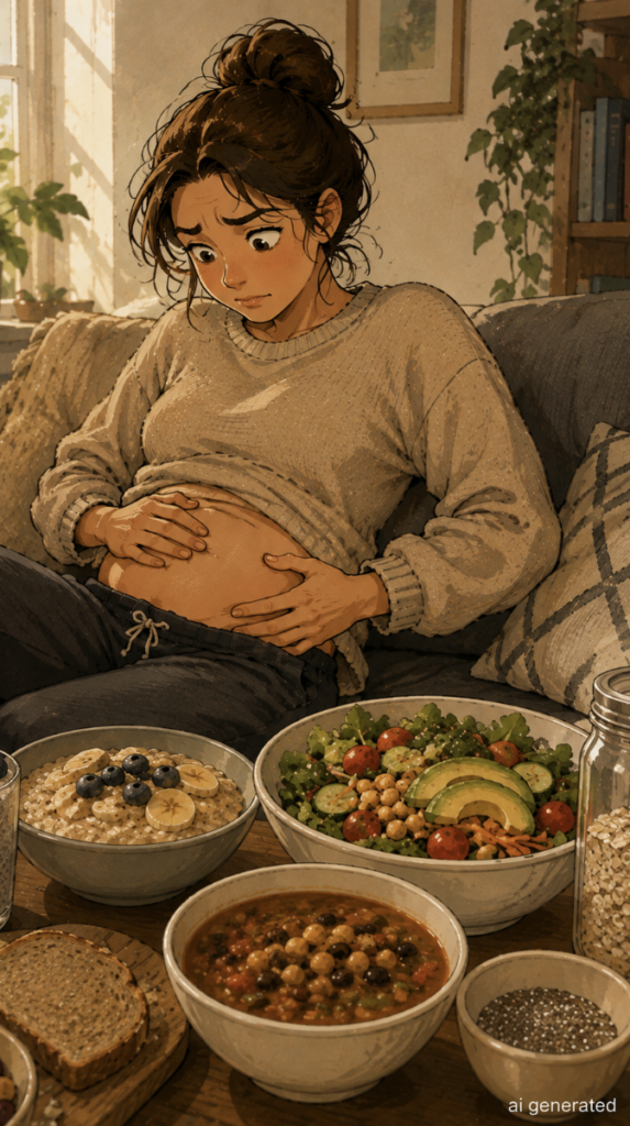Woman feeling bloated after suddenly eating too many high-fiber foods including oats, chia seeds, beans and vegetables