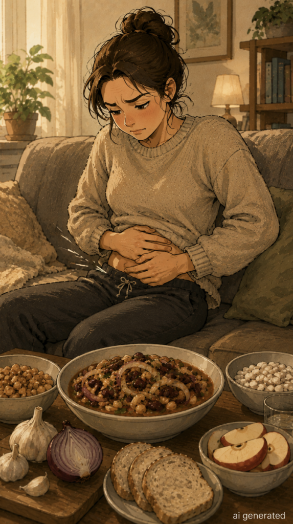 Woman experiencing bloating after eating beans, onions, garlic and other fermentable carbohydrates