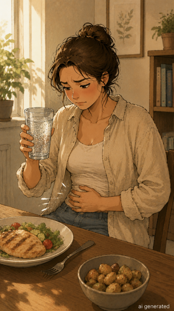 Woman feeling bloated after drinking carbonated sparkling water with a meal