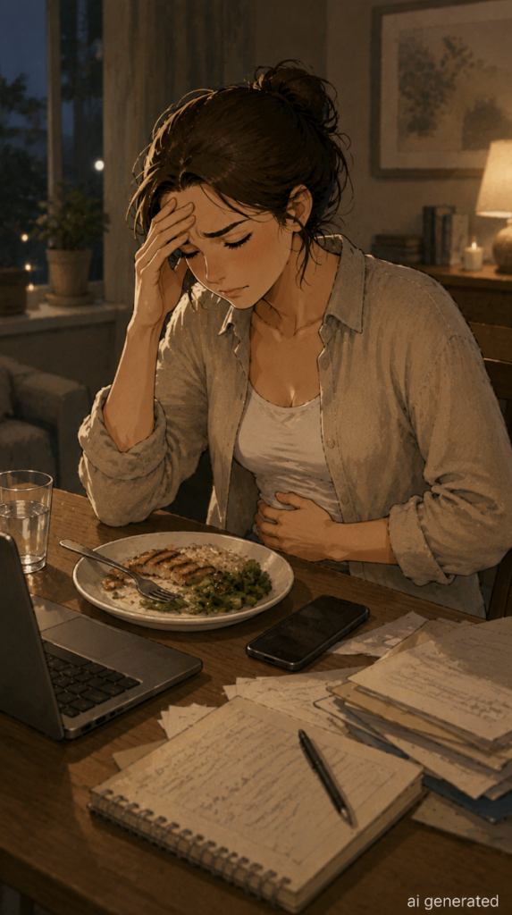 Stressed woman eating dinner while working, experiencing stomach discomfort and bloating