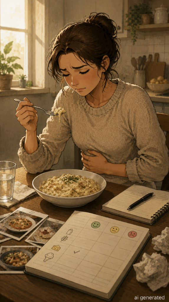 Woman experiencing bloating after eating a creamy dairy-heavy meal while tracking possible food triggers