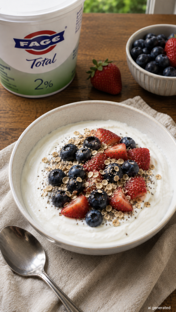Creamy Greek yogurt topped with fresh strawberries, blueberries, oats, and chia seeds in a ceramic bowl on a wooden table.