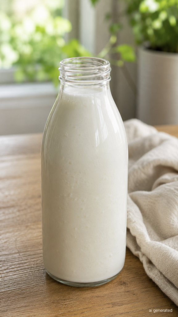 Glass bottle filled with creamy kefir on a wooden table beside a soft linen cloth, with natural daylight and green plants in the background.