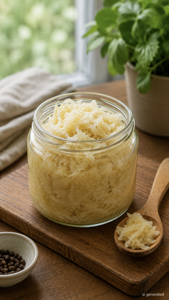 Homemade sauerkraut in a glass jar on a rustic wooden board, served with a wooden spoon, with fresh herbs and natural light in the background.