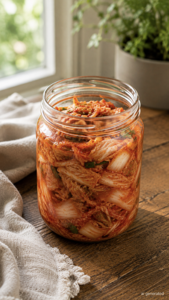 Homemade kimchi in a clear glass jar on a rustic wooden table, filled with fermented napa cabbage, chili seasoning, and green onions in a bright, naturally lit kitchen.