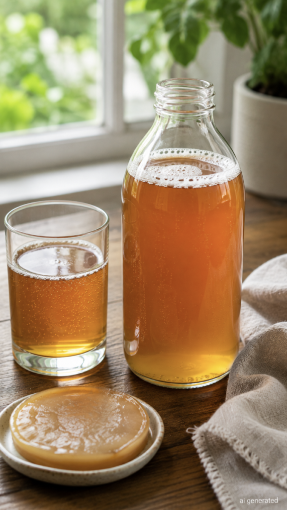 Glass bottle and drinking glass filled with golden, sparkling kombucha on a wooden table, with a kombucha SCOBY, soft linen cloth, and green plants in the background.