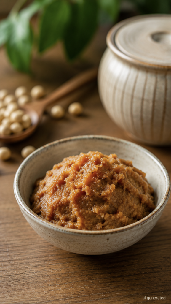 Homemade miso paste in a ceramic bowl on a rustic wooden table, surrounded by soybeans, a wooden spoon, and a traditional ceramic jar.