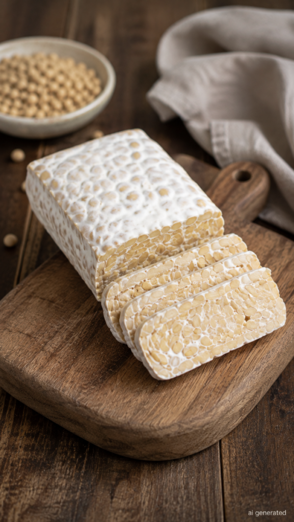 Fresh sliced tempeh on a rustic wooden cutting board, showing its natural soybean texture, with soybeans and a soft linen cloth in the background.
