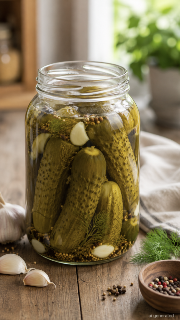Glass jar filled with traditional fermented pickles in brine with fresh dill, garlic, mustard seeds, and peppercorns on a rustic wooden table.