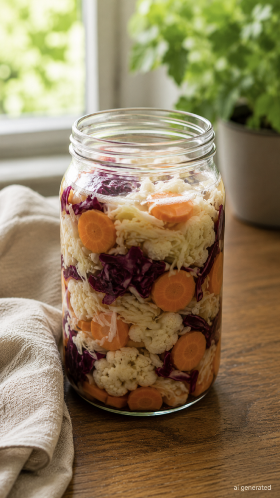 Glass jar filled with colorful fermented vegetables, including cabbage, carrots, and cauliflower, on a wooden table in a bright kitchen with natural light and green plants in the background.