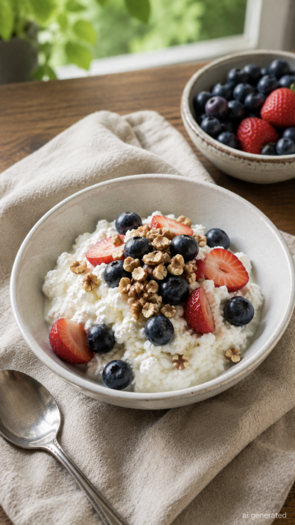 Creamy cottage cheese topped with fresh strawberries, blueberries, and crunchy walnuts in a ceramic bowl on a wooden table.