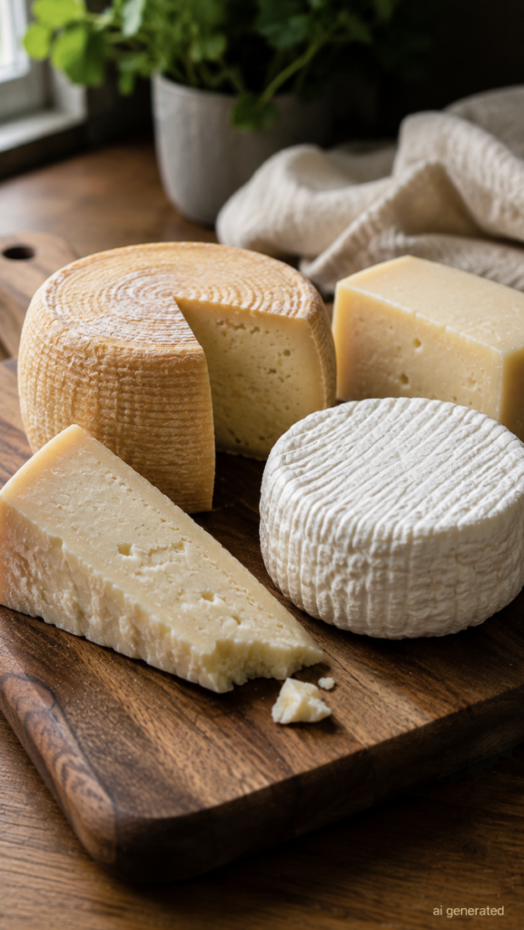 Assortment of traditionally fermented cheeses on a rustic wooden board, including aged hard cheese and soft-ripened cheese, photographed in warm natural light.