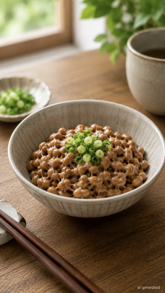 Bowl of traditional Japanese natto topped with freshly chopped green onions, served on a wooden table with chopsticks in a warm, naturally lit setting.