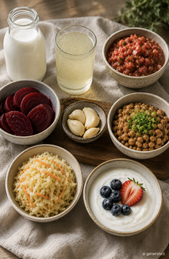 Assortment of probiotic and fermented foods including kefir, cultured dairy, fermented vegetables, beetroot, garlic, salsa, and fermented soy products arranged on a wooden table.